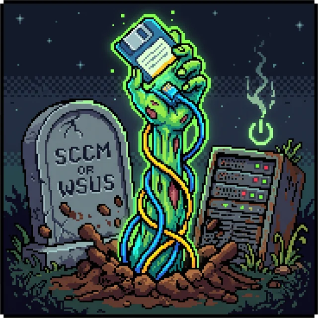 Pixel art: a zombie hand clutching a floppy disk rises from a grave beside an SCCM tombstone and a rusty server rack